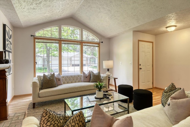 8410 N Pine Meadows Ln, Nine Mile Falls, WA 99026 - living room featuring vaulted ceiling, a textured ceiling, and light wood-type flooring