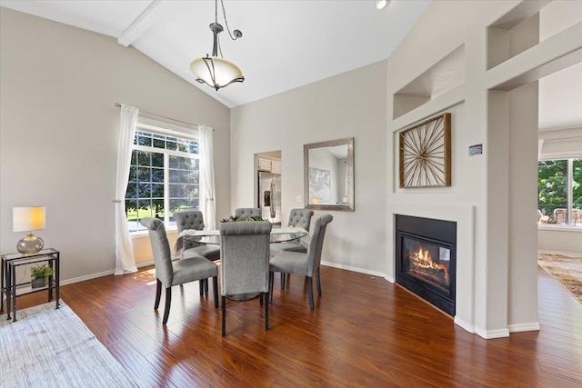 4216 S Tenfel Ln, Spokane, WA 99223 - dining space featuring wood finished floors, a glass covered fireplace, and high vaulted ceiling