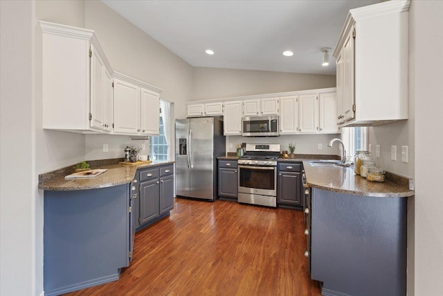 4216 S Tenfel Ln, Spokane, WA 99223 - kitchen with appliances with stainless steel finishes, lofted ceiling, dark wood-type flooring, white cabinetry, and gray cabinetry