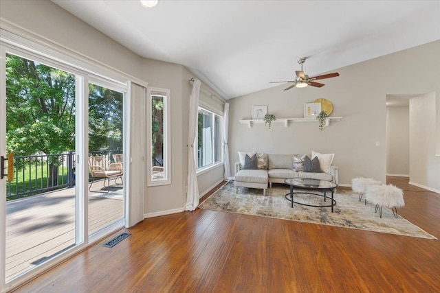 4216 S Tenfel Ln, Spokane, WA 99223 - living room with wood finished floors, a ceiling fan, and lofted ceiling