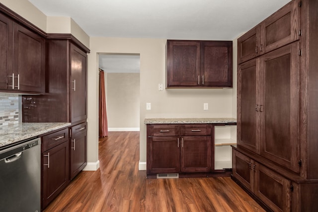12925 E Valleyway Ave, Spokane Valley, WA 99216 - kitchen with dishwasher, dark wood-type flooring, decorative backsplash, light stone counters, and dark brown cabinetry