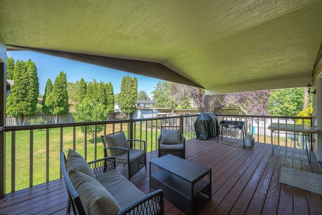 12925 E Valleyway Ave, Spokane Valley, WA 99216 - deck with outdoor lounge area, a fenced backyard, and a grill