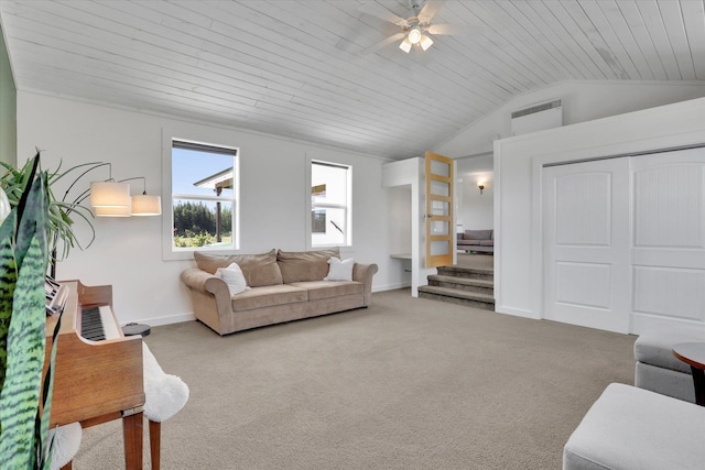 4669 Williams Valley Rd Unit D, Clayton, WA 99110 - carpeted living room with a ceiling fan, lofted ceiling, wood ceiling, and stairs