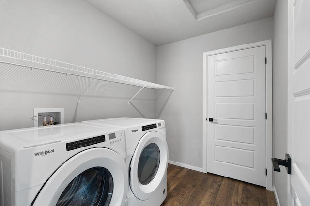 12413 E Dickens Ln, Spokane Valley, WA 99206 - laundry area with independent washer and dryer, dark wood-type flooring, and attic access