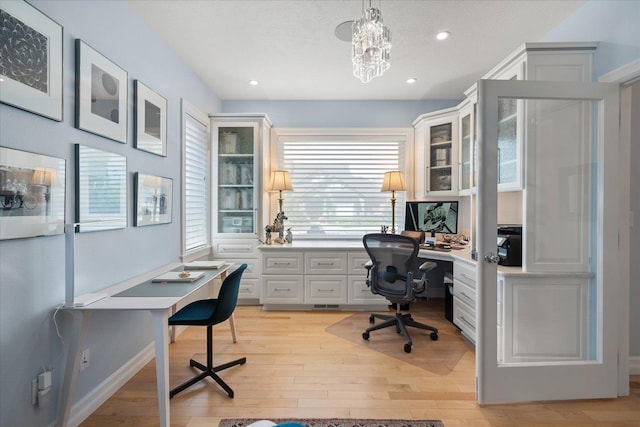 2605 S Cherrytree Ln, Spokane, WA 99203 - home office with built in desk, light wood-type flooring, a chandelier, and recessed lighting