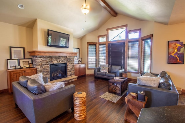 1119 N River Ridge Blvd, Spokane, WA 99224 - living area with beam ceiling, wood finished floors, a stone fireplace, and high vaulted ceiling
