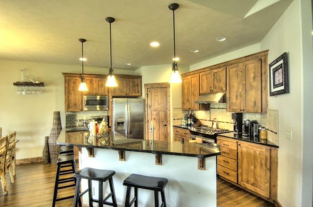 1119 N River Ridge Blvd, Spokane, WA 99224 - kitchen featuring stainless steel appliances, under cabinet range hood, tasteful backsplash, dark wood-type flooring, and recessed lighting