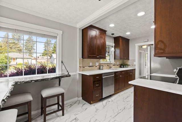 5130 N Stevens St, Spokane, WA 99205 - kitchen with stainless steel dishwasher, a textured ceiling, tasteful backsplash, light marble finish floors, and ornamental molding