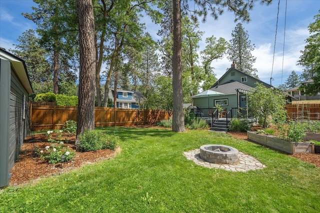 337 E 20th Ave, Spokane, WA 99203 - fenced backyard with an outdoor fire pit, a wooden deck, and a vegetable garden