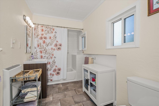 337 E 20th Ave, Spokane, WA 99203 - full bath featuring ornamental molding, shower / bathtub combination with curtain, and stone finish floors