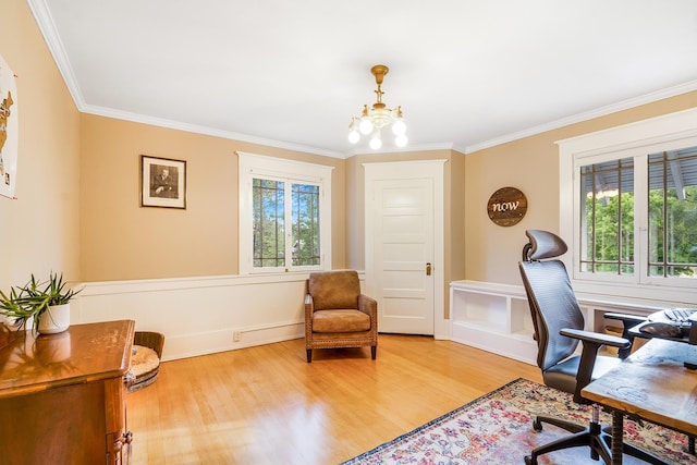 2420 S Cherry Ln, Spokane, WA 99223 - office featuring ornamental molding, a chandelier, and wood finished floors