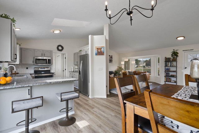 3205 S Mcdonald St, Spokane Valley, WA 99206 - kitchen featuring stainless steel appliances, gray cabinetry, vaulted ceiling, a skylight, and a peninsula