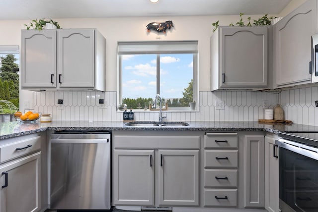 3205 S Mcdonald St, Spokane Valley, WA 99206 - kitchen featuring dishwasher, range with electric stovetop, gray cabinets, decorative backsplash, and dark stone countertops
