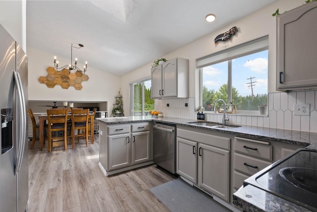3205 S Mcdonald St, Spokane Valley, WA 99206 - kitchen with appliances with stainless steel finishes, gray cabinets, a peninsula, backsplash, and vaulted ceiling