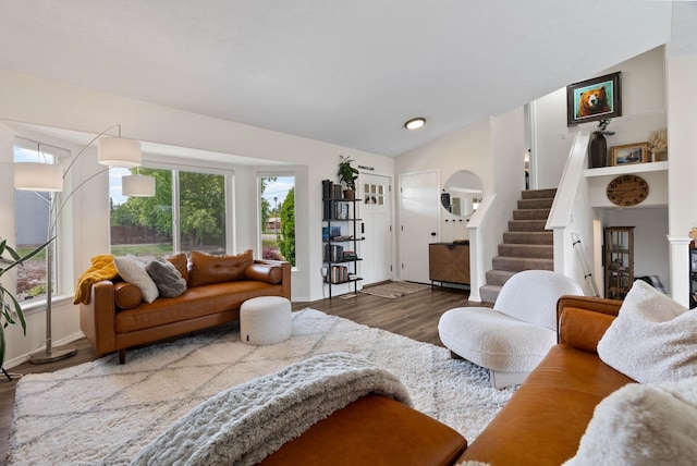 3205 S Mcdonald St, Spokane Valley, WA 99206 - living room featuring wood finished floors, stairs, and lofted ceiling