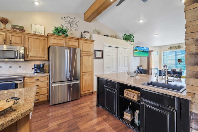 6709 S Moran View St, Spokane, WA 99224 - kitchen with stainless steel appliances, backsplash, light stone countertops, dark wood-type flooring, and recessed lighting
