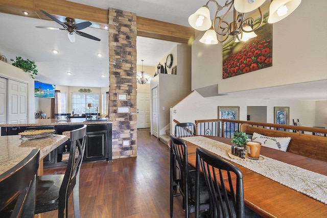 6709 S Moran View St, Spokane, WA 99224 - dining room with a ceiling fan, a chandelier, dark wood-type flooring, high vaulted ceiling, and recessed lighting