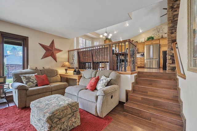 6709 S Moran View St, Spokane, WA 99224 - living area with healthy amount of natural light, a chandelier, dark wood-type flooring, stairway, and recessed lighting