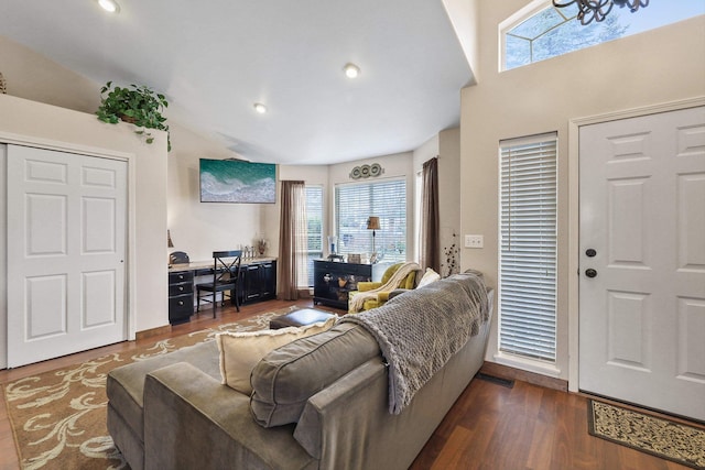 6709 S Moran View St, Spokane, WA 99224 - living room with plenty of natural light, dark wood-style flooring, and vaulted ceiling