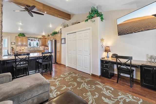 6709 S Moran View St, Spokane, WA 99224 - living room with ceiling fan, dark wood-style floors, recessed lighting, and built in desk