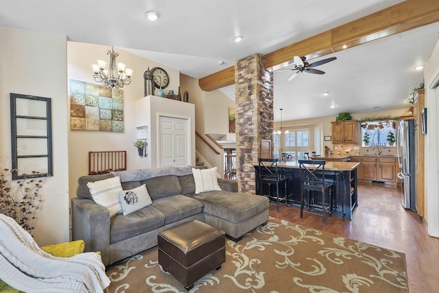 6709 S Moran View St, Spokane, WA 99224 - living area featuring wood finished floors, a chandelier, ceiling fan, recessed lighting, and ornate columns
