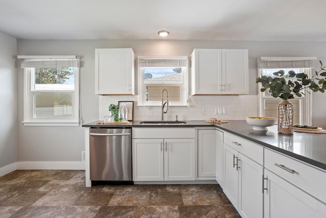 5204 N Maple St, Spokane, WA 99205 - kitchen featuring stainless steel dishwasher, dark countertops, backsplash, and white cabinetry
