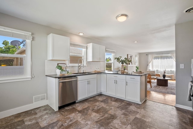 5204 N Maple St, Spokane, WA 99205 - kitchen featuring dishwasher, dark countertops, a peninsula, backsplash, and white cabinets