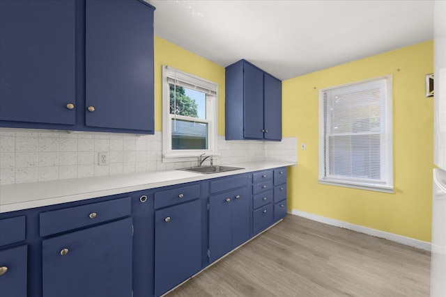 3829 W Broad Ave, Spokane, WA 99205 - kitchen featuring light countertops, light wood-style floors, tasteful backsplash, and blue cabinetry