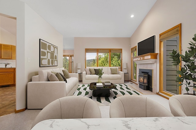 2106 E Turnberry Ln, Spokane, WA 99223 - living area featuring light carpet, recessed lighting, and high vaulted ceiling