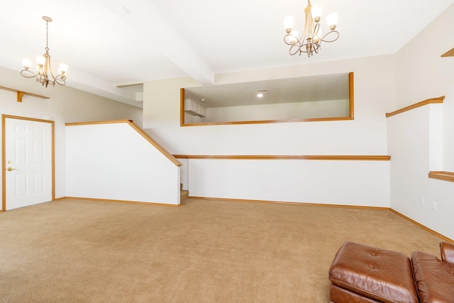 2106 E Turnberry Ln, Spokane, WA 99223 - unfurnished room featuring a chandelier, carpet flooring, and beamed ceiling