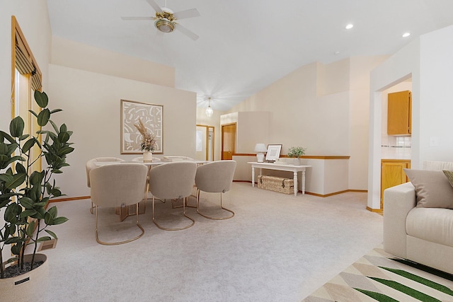 2106 E Turnberry Ln, Spokane, WA 99223 - dining space with light colored carpet, ceiling fan, recessed lighting, and high vaulted ceiling