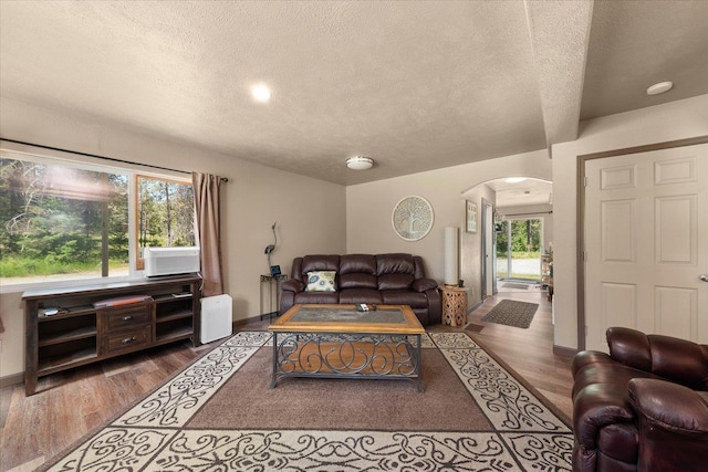 1481 Northshore Diamond Lake Rd, Newport, WA 99156 - living room featuring arched walkways, a textured ceiling, wood finished floors, and cooling unit