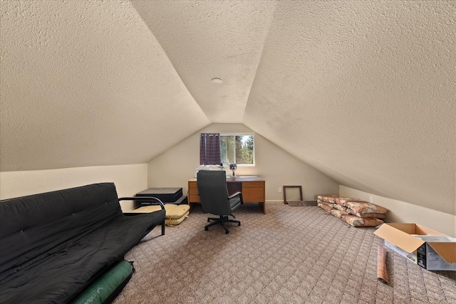 1481 Northshore Diamond Lake Rd, Newport, WA 99156 - office with a textured ceiling, vaulted ceiling, and carpet flooring