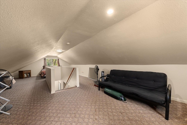 1481 Northshore Diamond Lake Rd, Newport, WA 99156 - living area with lofted ceiling, a textured ceiling, carpet, and an upstairs landing
