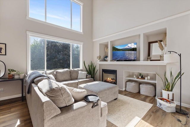 4213 S Cook St, Spokane, WA 99223 - living area with wood finished floors, a fireplace, a towering ceiling, and built in shelves