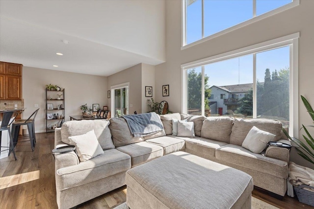 4213 S Cook St, Spokane, WA 99223 - living room featuring wood finished floors, recessed lighting, and a towering ceiling