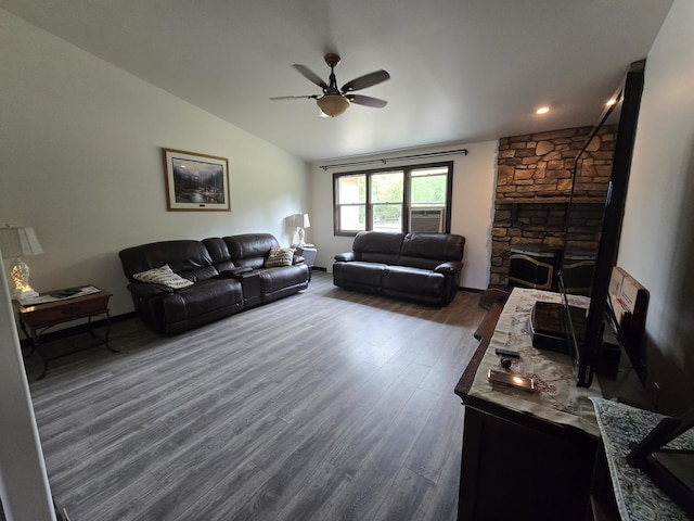 6321 310th St NW Stanwood, Unit Stanwood, WA 98292 - living area featuring ceiling fan, dark wood finished floors, a fireplace, lofted ceiling, and cooling unit