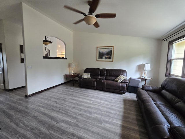 6321 310th St NW Stanwood, Unit Stanwood, WA 98292 - living room with vaulted ceiling, ceiling fan, and wood finished floors