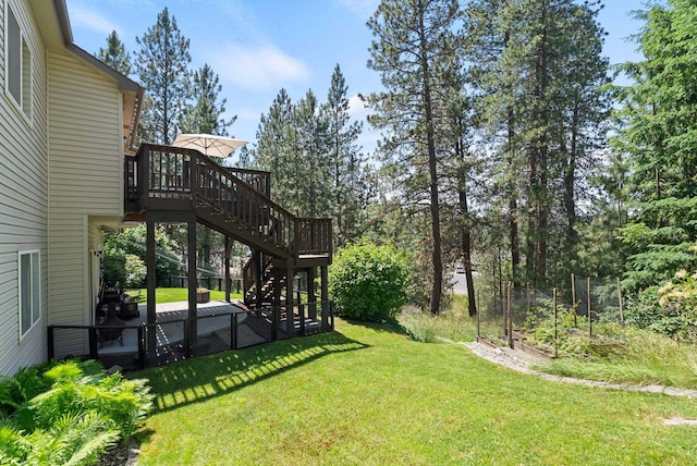 4812 S Wildwood Ln, Spokane, WA 99206 - view of green lawn with a wooden deck, a garden, and stairs