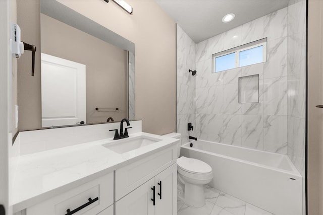 6571 Kate Dr, Nine Mile Falls, WA 99206 - bathroom with marble look tile flooring, vanity, washtub / shower combination, and recessed lighting