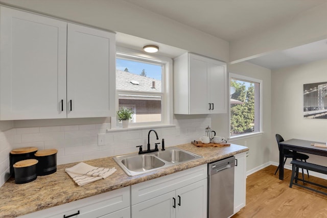 1406 S Cedar St Unit 1408, Spokane, WA 99203 - kitchen featuring stainless steel dishwasher, white cabinets, light wood finished floors, and tasteful backsplash