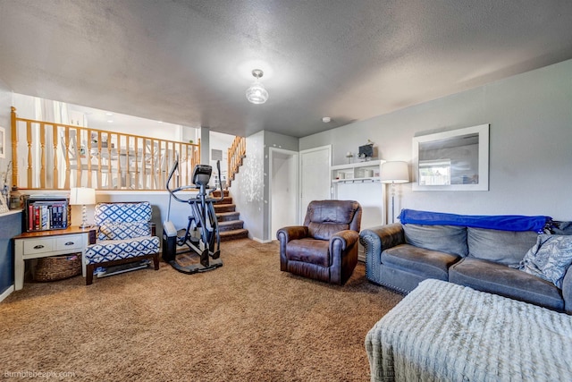 1612 E Sharpsburg Ave, Spokane, WA 99217 - carpeted living area with stairway and a textured ceiling