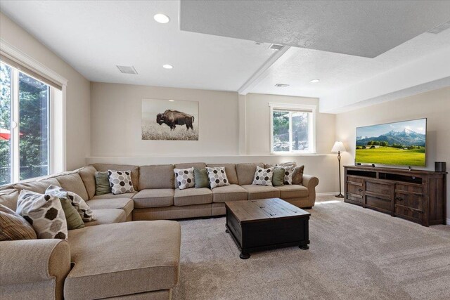 7105 S Saddle Ridge Ln, Spokane Valley, WA 99016 - living room featuring carpet flooring, recessed lighting, and beam ceiling