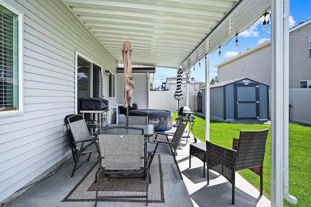 124 S Lone Tree Ave, Spokane Valley, WA 99016 - view of patio / terrace featuring a hot tub, a storage shed, outdoor dining area, and area for grilling