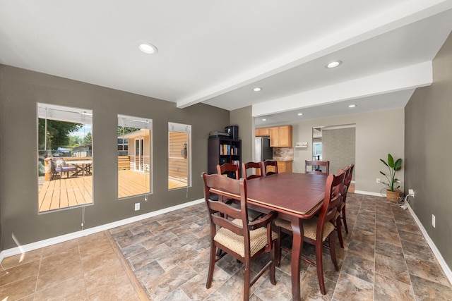 1718 S Bolivar Rd, Spokane Valley, WA 99037 - dining area featuring stone finish flooring, beamed ceiling, and recessed lighting