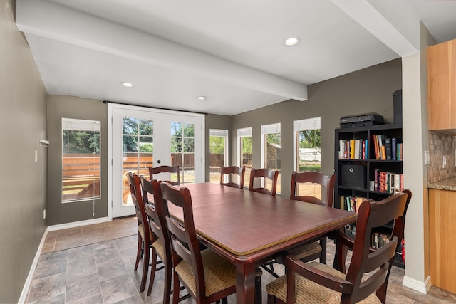 1718 S Bolivar Rd, Spokane Valley, WA 99037 - dining area featuring french doors, beamed ceiling, recessed lighting, and light stone finish flooring