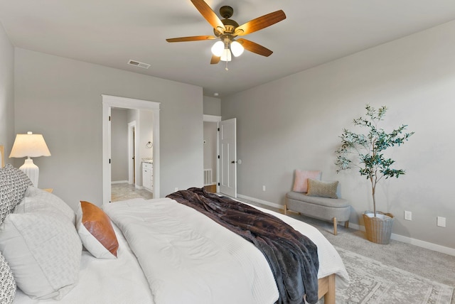 37818 N Grove Rd, Deer Park, WA 99006 - bedroom featuring light carpet, a ceiling fan, and ensuite bath