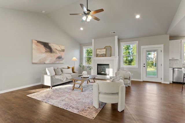 37818 N Grove Rd, Deer Park, WA 99006 - living area with vaulted ceiling, healthy amount of natural light, a high end fireplace, dark wood-type flooring, and recessed lighting