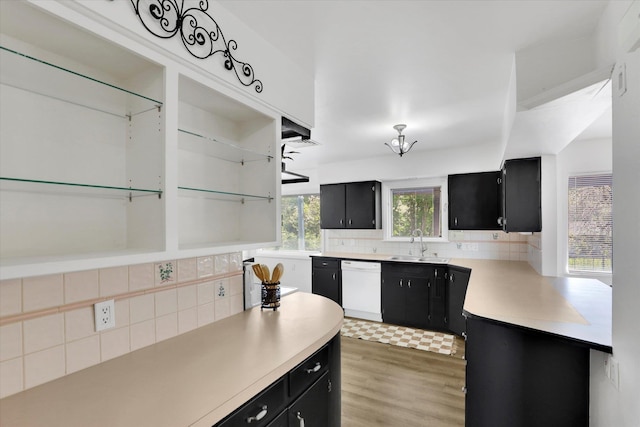 1102 S Buena Vista Dr, Spokane, WA 99224 - kitchen with dark cabinets, dishwasher, backsplash, and light countertops
