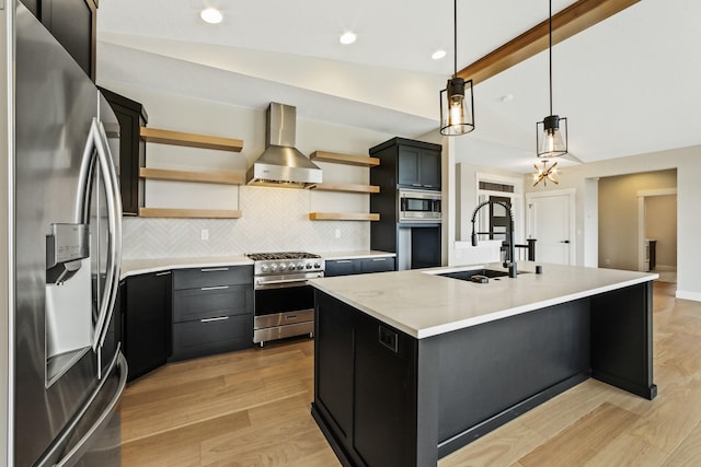 5206 S Willamette St, Spokane, WA 99223 - kitchen with appliances with stainless steel finishes, wall chimney exhaust hood, open shelves, decorative backsplash, and light countertops